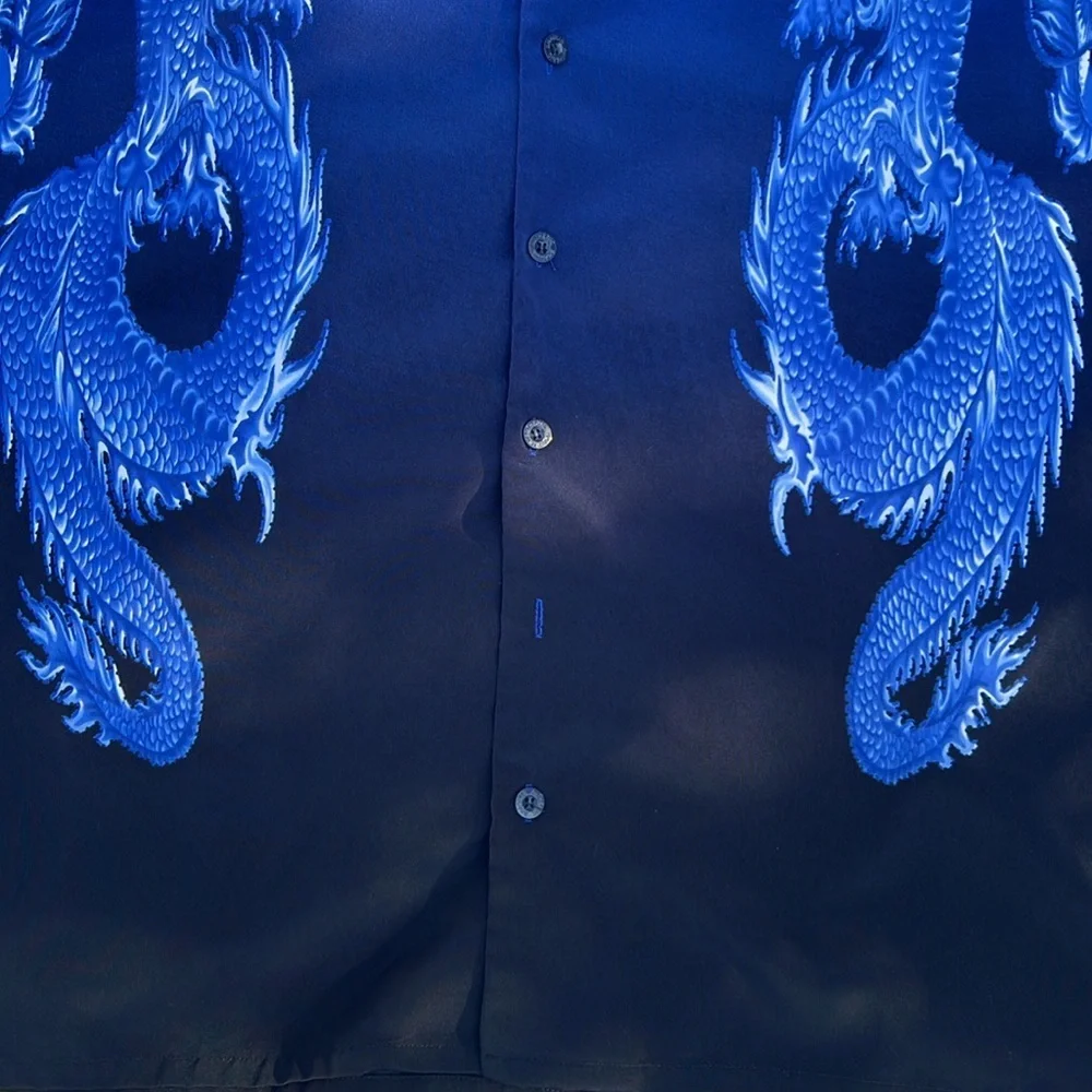 Vintage 90s Blue Dragon Print Collared Button Up Shirt - Picture 4 of 5